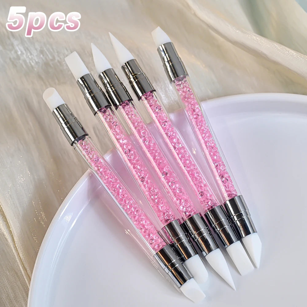 3/5/8Pcs Sculpture Dotting Pen Nail Art Silicone Brush Colorful Crystal Dual-head Carving Flower Painting Pen DIY Manicure Tools