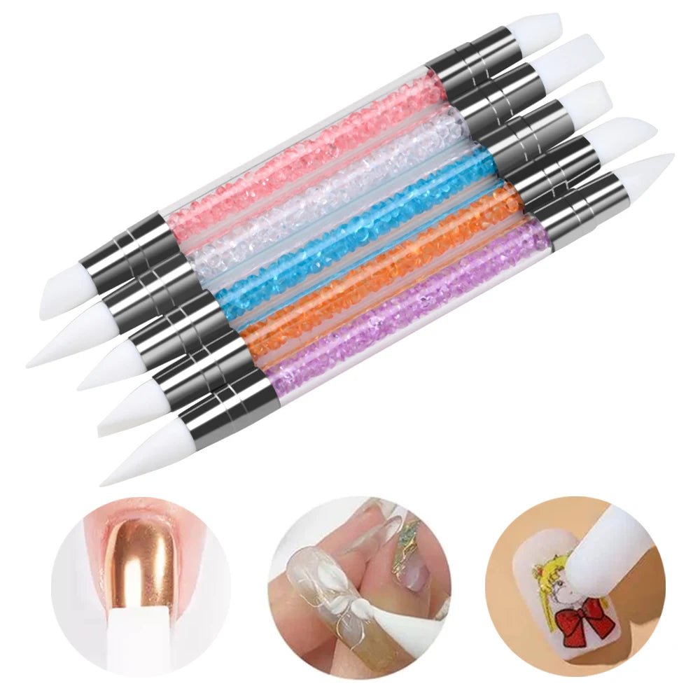 3/5/8Pcs Sculpture Dotting Pen Nail Art Silicone Brush Colorful Crystal Dual-head Carving Flower Painting Pen DIY Manicure Tools