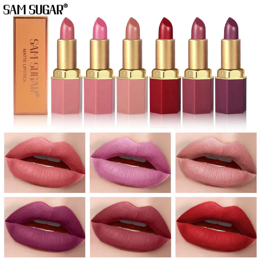 SAM SUGAR 6-Color Matte Lipstick ,  Non-Stick Cup Long-Lasting Velvet Finish, Smooth Matte Lip Color Waterproof Smudge-proof