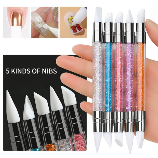 3/5/8Pcs Sculpture Dotting Pen Nail Art Silicone Brush Colorful Crystal Dual-head Carving Flower Painting Pen DIY Manicure Tools